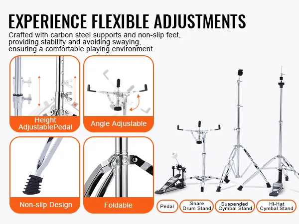 VEVOR adult drum set includes adjustable, foldable stands with non-slip feet for stable playing.