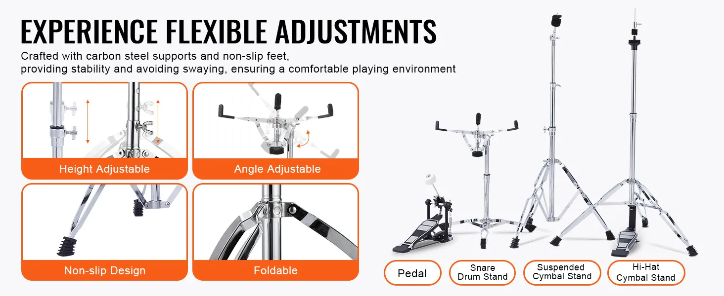 VEVOR adult drum set includes adjustable, foldable stands with non-slip feet for stable playing.
