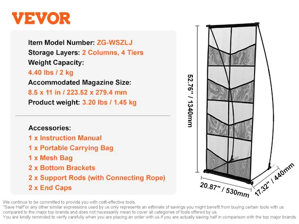 VEVOR brochure display stand dimensions, components, and accessories including carrying bag and support rods.