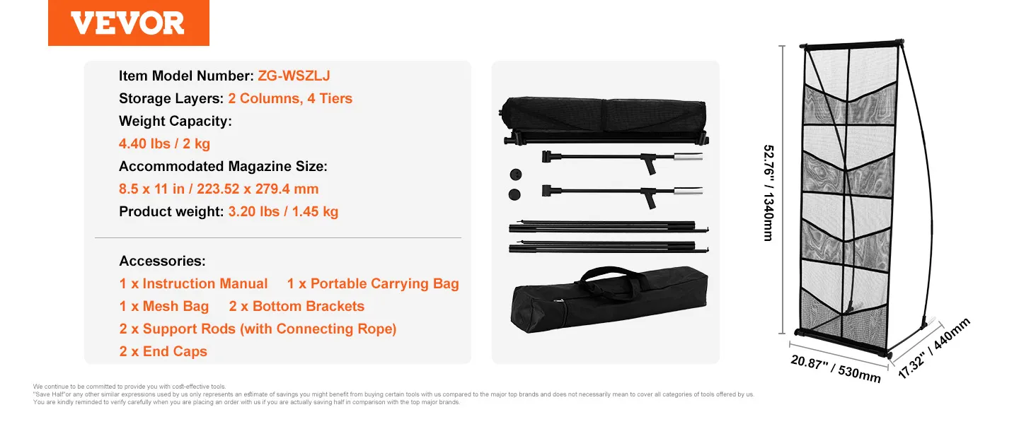 VEVOR brochure display stand dimensions, components, and accessories including carrying bag and support rods.