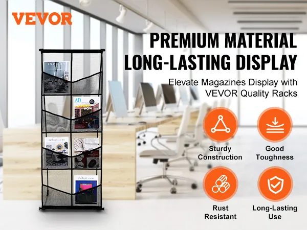 VEVOR brochure display stand in a modern office with multiple compartments showcasing magazines.