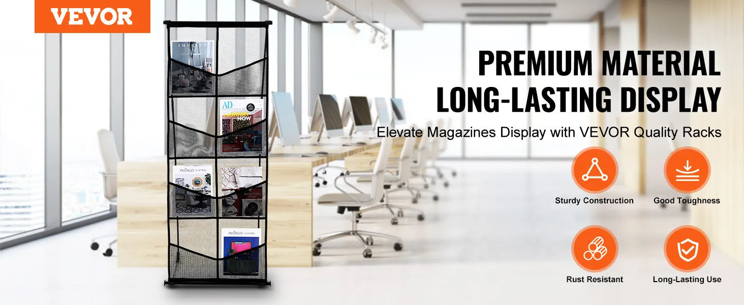 VEVOR brochure display stand in a modern office with multiple compartments showcasing magazines.