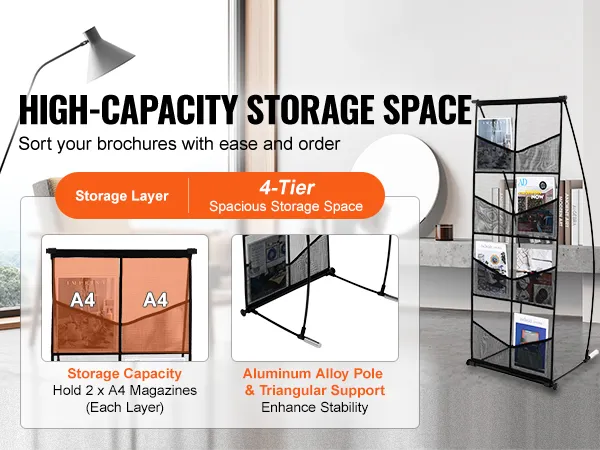 VEVOR brochure display stand with 4-tier storage layers and aluminum alloy pole for added stability.