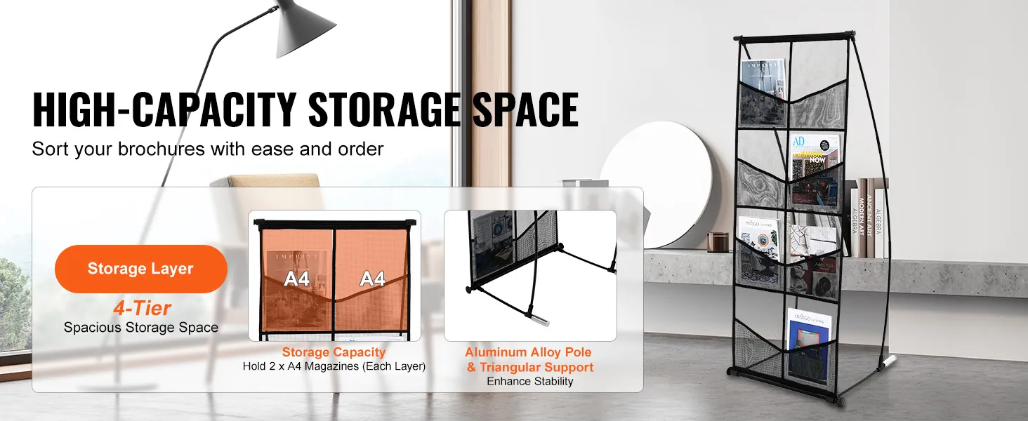VEVOR brochure display stand with 4-tier storage layers and aluminum alloy pole for added stability.