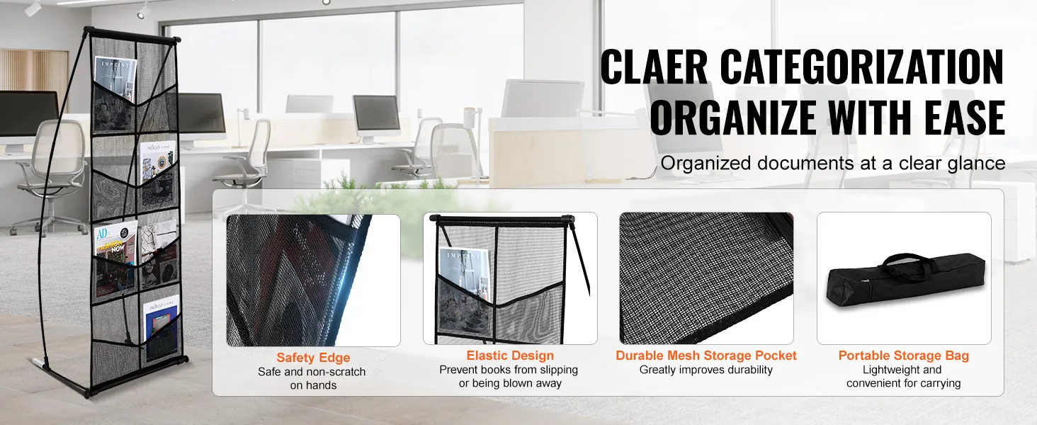 VEVOR brochure display stand with mesh pockets for organized document storage in an office setting.