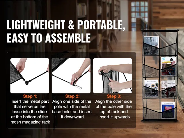 lightweight, portable VEVOR brochure display stand with 3-step assembly guide in a library setting.