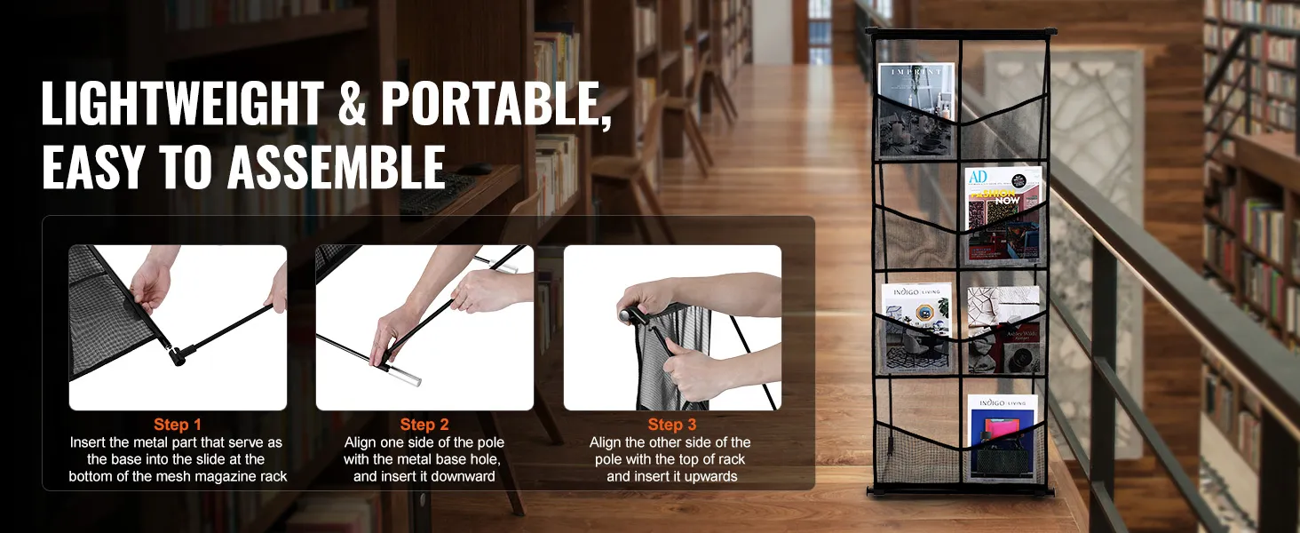 lightweight, portable VEVOR brochure display stand with 3-step assembly guide in a library setting.