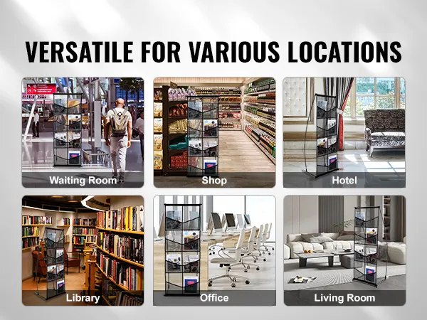 VEVOR brochure display stand in various locations: waiting room, shop, hotel, library, office, living room.