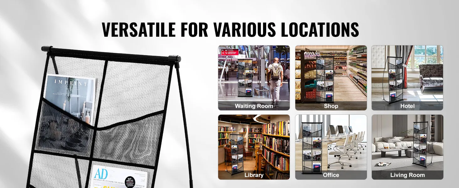 VEVOR brochure display stand in various locations: waiting room, shop, hotel, library, office, living room.