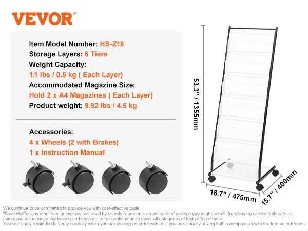VEVOR brochure display rack, model hs-z18, with 6 tiers, 4 wheels, and dimensions 53.3" x 18.7" x 15.7".