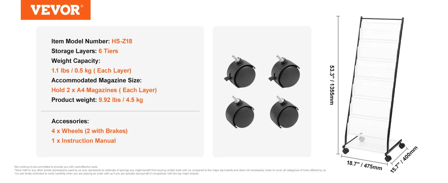 VEVOR brochure display rack, model hs-z18, with 6 tiers, 4 wheels, and dimensions 53.3" x 18.7" x 15.7".