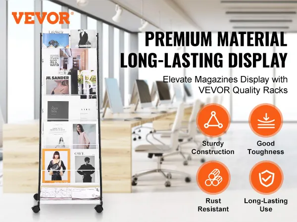 VEVOR brochure display rack in modern office, showcasing magazines with sturdy construction and durability.