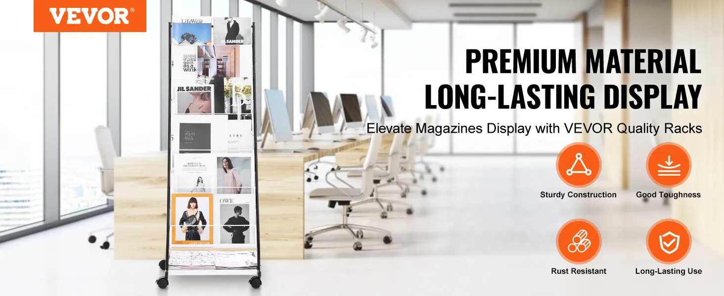VEVOR brochure display rack in modern office, showcasing magazines with sturdy construction and durability.