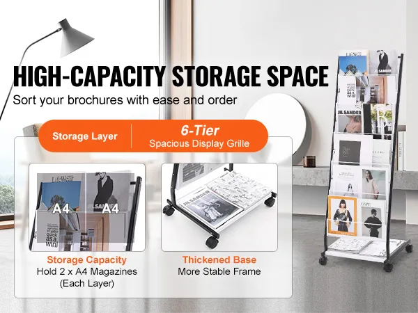high-capacity 6-tier VEVOR brochure display rack with thickened base, holding a4 magazines in modern room.