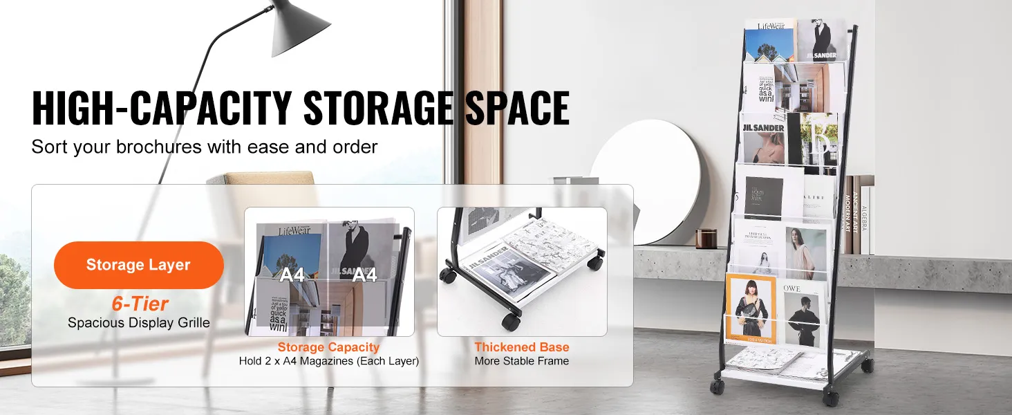 high-capacity 6-tier VEVOR brochure display rack with thickened base, holding a4 magazines in modern room.