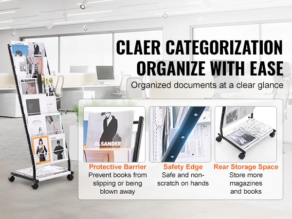 VEVOR brochure display rack in an office, showcasing organized documents with protective barrier and rear storage.