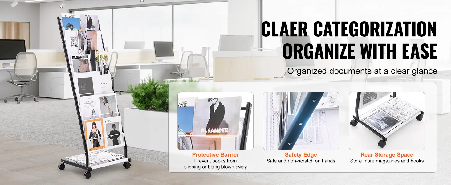VEVOR brochure display rack in an office, showcasing organized documents with protective barrier and rear storage.