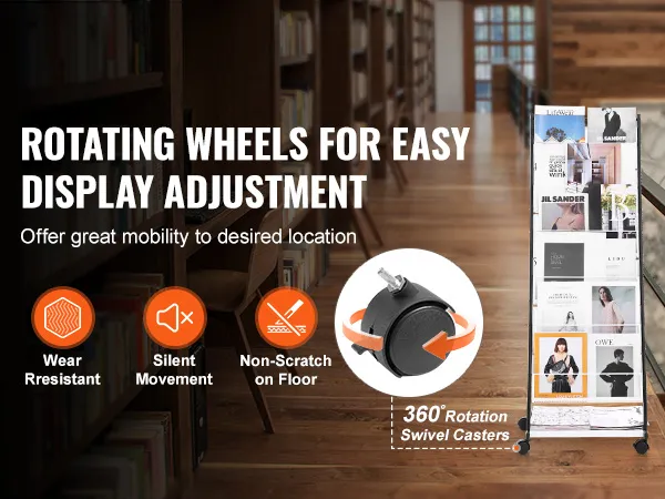 VEVOR brochure display rack with rotating wheels for easy adjustment in a library setting.