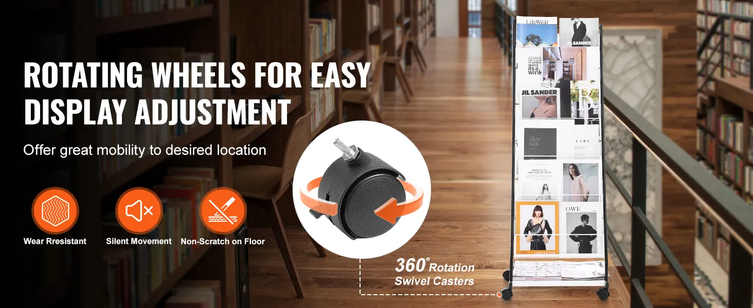 VEVOR brochure display rack with rotating wheels for easy adjustment in a library setting.