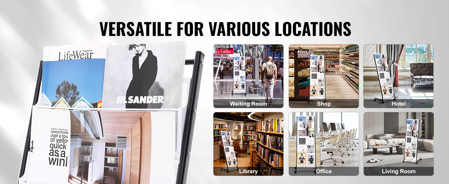 VEVOR brochure display rack: versatile use in waiting room, shop, hotel, library, office, and living room.