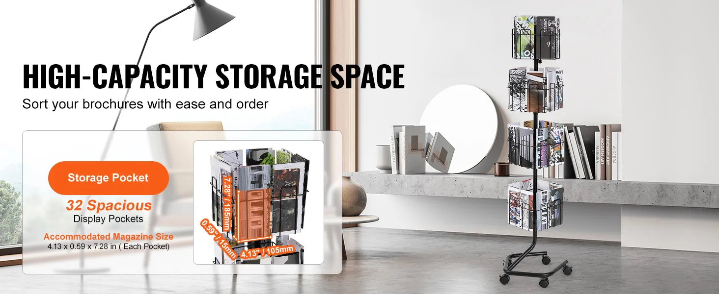 VEVOR brochure display rack with 32 spacious display pockets for high-capacity storage space.