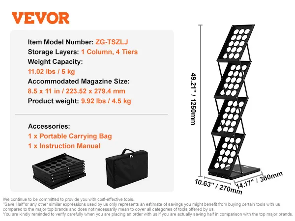 VEVOR magazine display rack, zg-tszlj. 4 tiers, 1 column. dimensions: 49.21" x 14.17" x 10.63".