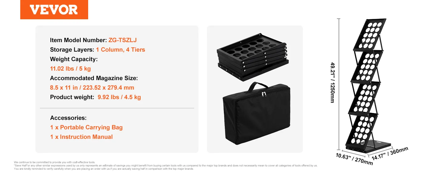 VEVOR magazine display rack, zg-tszlj. 4 tiers, 1 column. dimensions: 49.21" x 14.17" x 10.63".