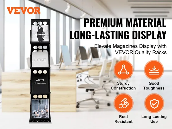 VEVOR magazine display rack in modern office with large windows, showcasing sturdy construction and premium material.