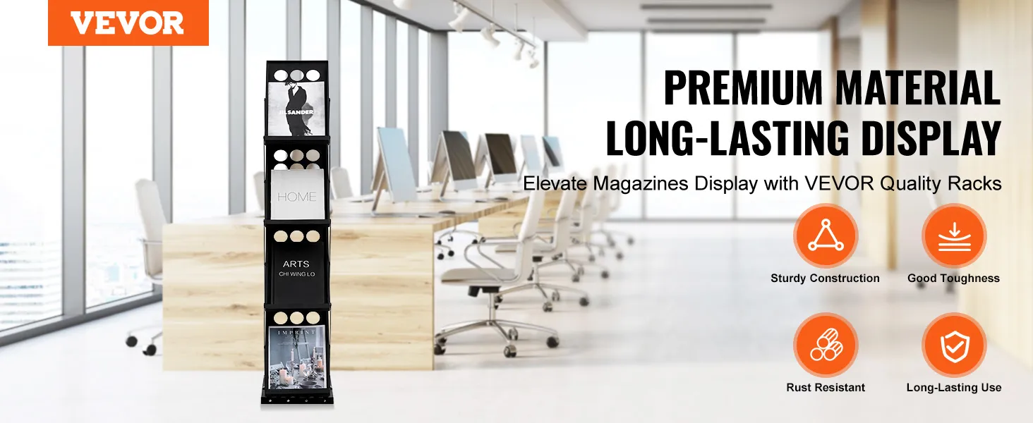 VEVOR magazine display rack in modern office with large windows, showcasing sturdy construction and premium material.