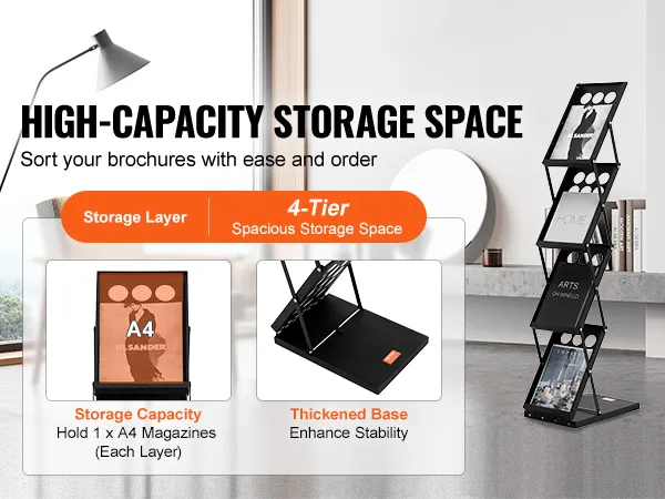 4-tier VEVOR magazine display rack in a modern setting, highlighting high capacity and easy brochure sorting.