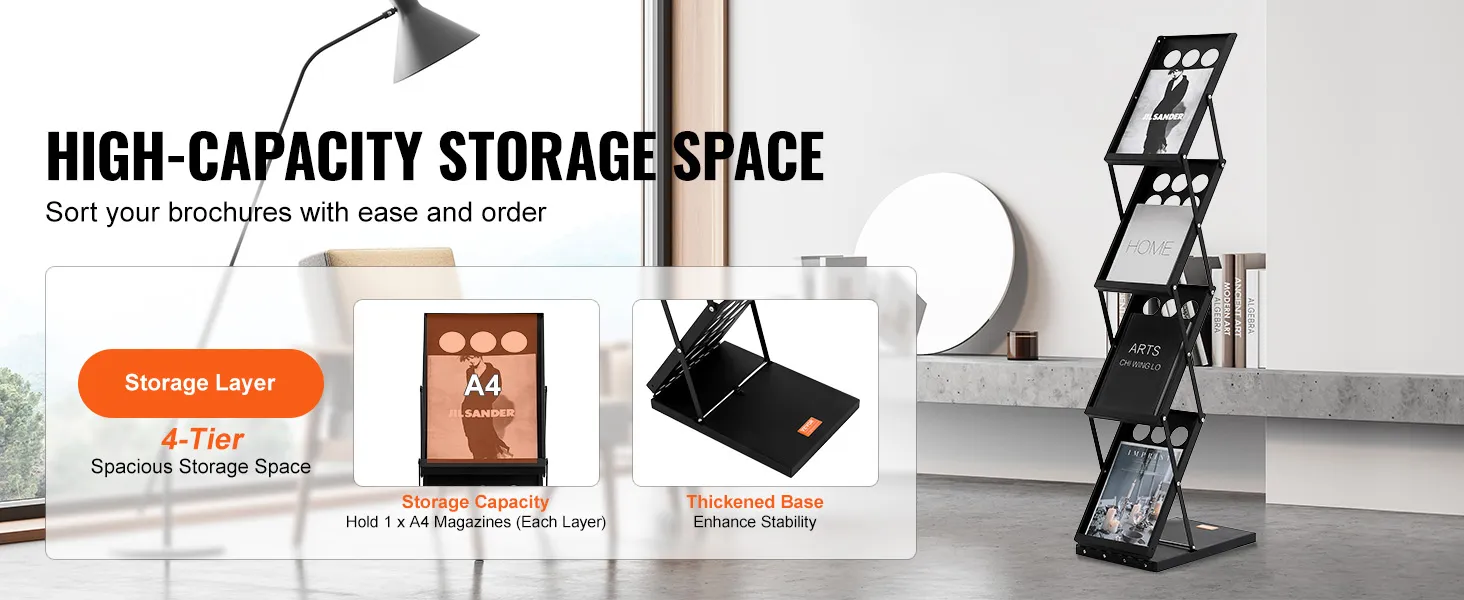 4-tier VEVOR magazine display rack in a modern setting, highlighting high capacity and easy brochure sorting.