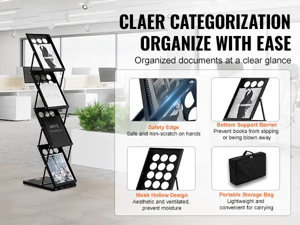 VEVOR magazine display rack in modern office with safety edge, support barrier, hollow design, and storage bag.