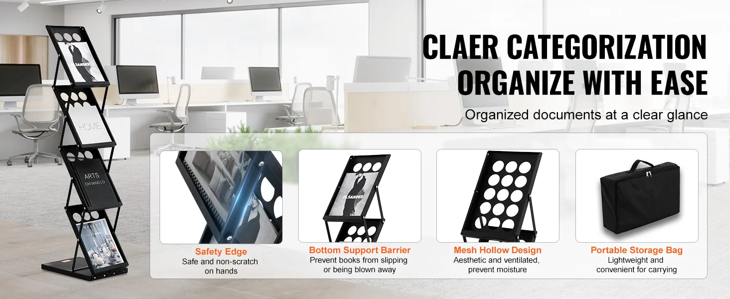 VEVOR magazine display rack in modern office with safety edge, support barrier, hollow design, and storage bag.