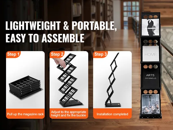 lightweight and portable VEVOR magazine display rack in a library with easy assembly steps.
