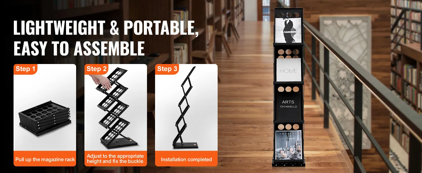lightweight and portable VEVOR magazine display rack in a library with easy assembly steps.