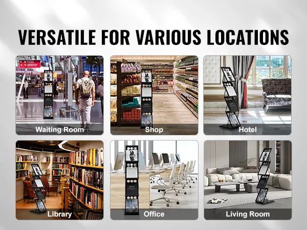 VEVOR magazine display rack in waiting room, shop, hotel, library, office, and living room settings.