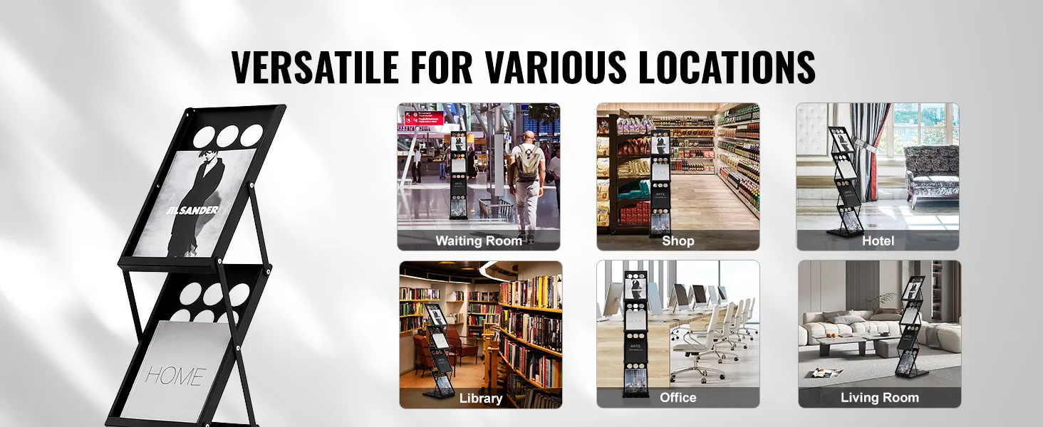 VEVOR magazine display rack in waiting room, shop, hotel, library, office, and living room settings.