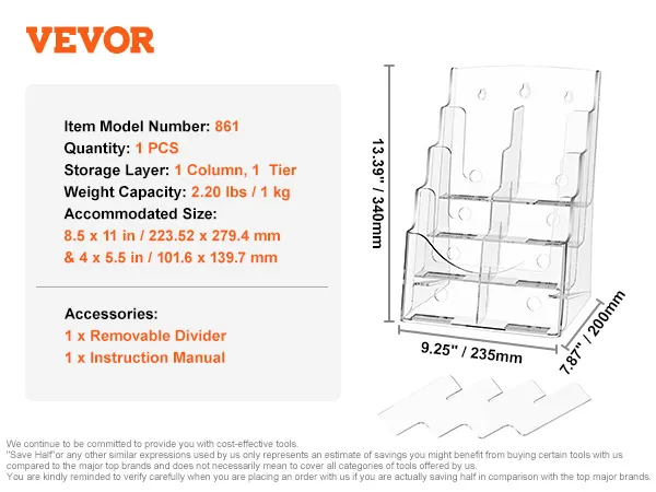 VEVOR acrylic brochure holder, 1 column, 1 tier, fits 8.5x11 and 4x5.5 inches, includes removable divider.