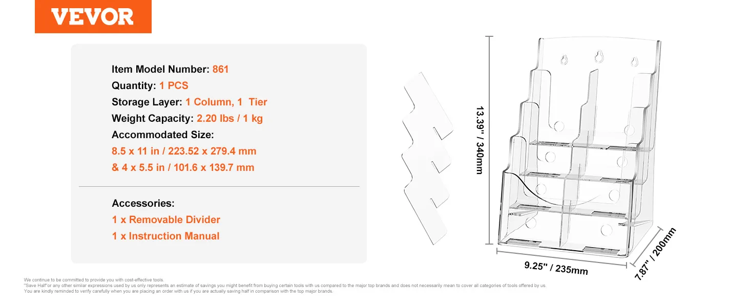 VEVOR acrylic brochure holder, 1 column, 1 tier, fits 8.5x11 and 4x5.5 inches, includes removable divider.