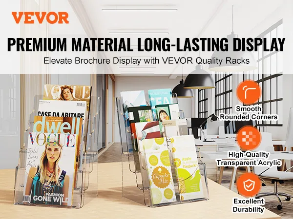 VEVOR acrylic brochure holder on a desk in an office, displaying various magazines and brochures.