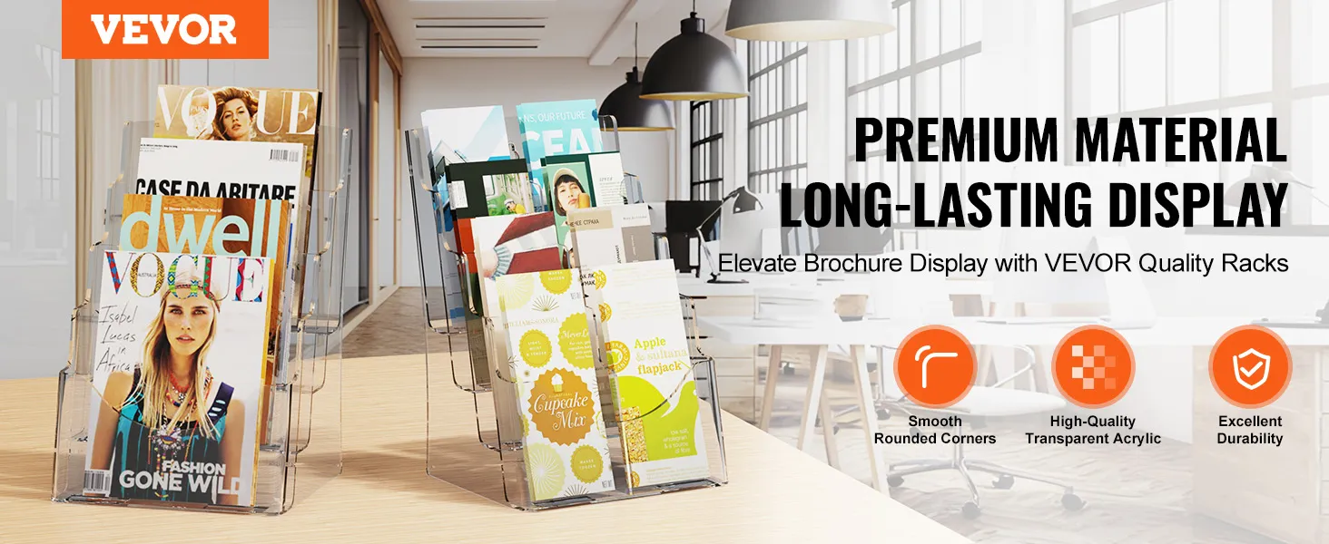 VEVOR acrylic brochure holder on a desk in an office, displaying various magazines and brochures.