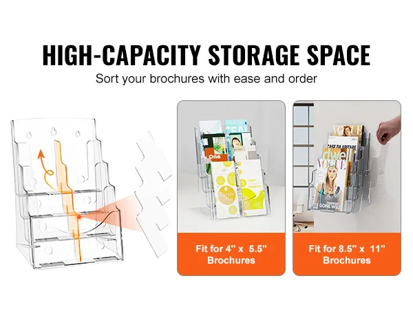 VEVOR acrylic brochure holder with high-capacity storage for 4"x5.5" and 8.5"x11" brochures.