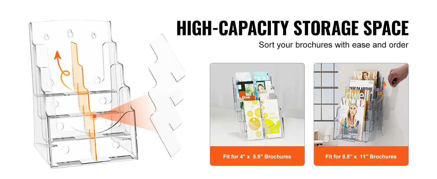 VEVOR acrylic brochure holder with high-capacity storage for 4"x5.5" and 8.5"x11" brochures.