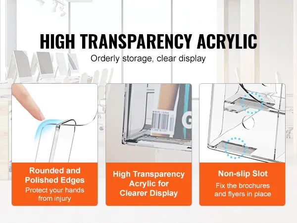 VEVOR acrylic brochure holder with high transparency, rounded edges, and non-slip slots for clear display.