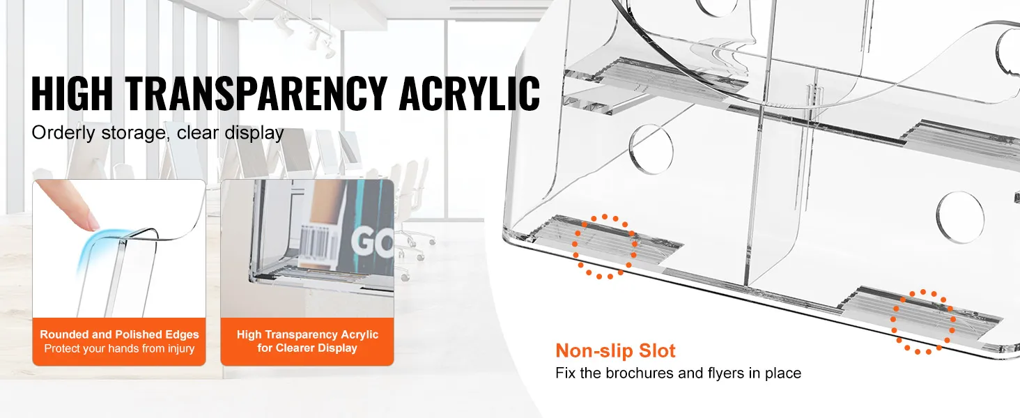 VEVOR acrylic brochure holder with high transparency, rounded edges, and non-slip slots for clear display.