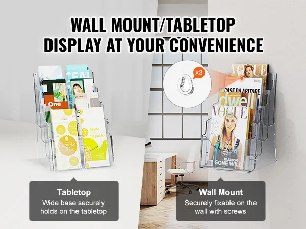 VEVOR acrylic brochure holder, suitable for both wall mount and tabletop display in modern settings.