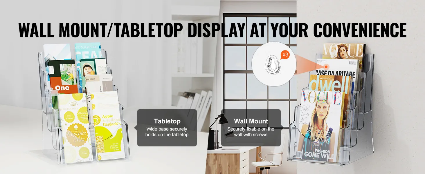 VEVOR acrylic brochure holder, suitable for both wall mount and tabletop display in modern settings.