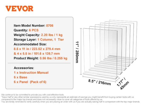 VEVOR acrylic sign holder - 6 pcs, 8.5x11in, 1 column, 1 tier, includes bases and panels.