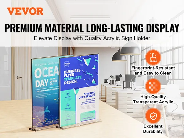 VEVOR acrylic sign holder on wooden table in modern office, showcasing flyers with premium materials.