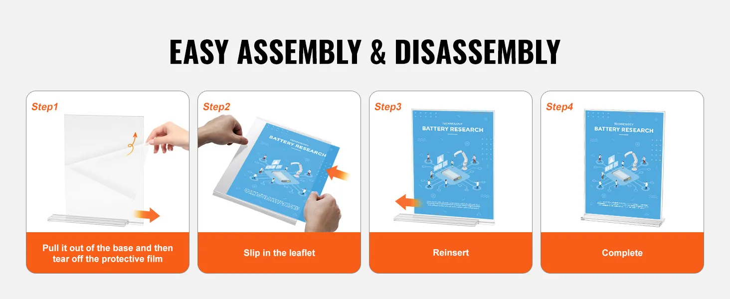 easy assembly steps for the VEVOR acrylic sign holder: remove film, insert leaflet, reinsert, complete.
